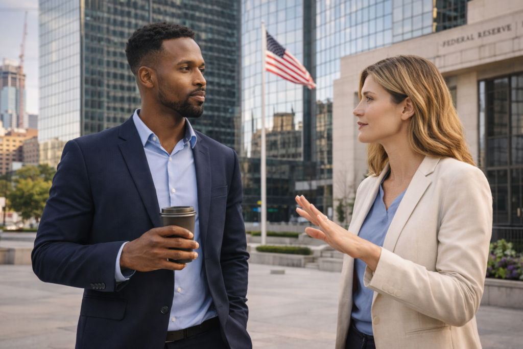 A man and woman in business attire discuss in front of a city building with a U.S. flag, conveying a professional and engaged tone.