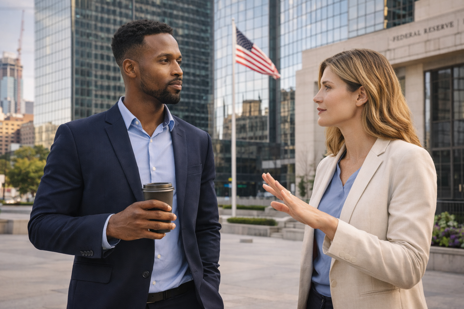 A man and woman in business attire discuss in front of a city building with a U.S. flag, conveying a professional and engaged tone.